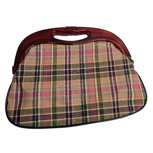 RARE Vintage Cotton Madras Plaid Handbag Purse Faux Tortoise Bakelite Handles